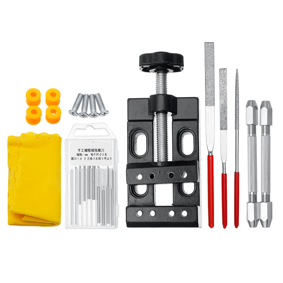 17pcs Wood Beads Carving Craft Engraving Tool Table Bench Clamp File Kit