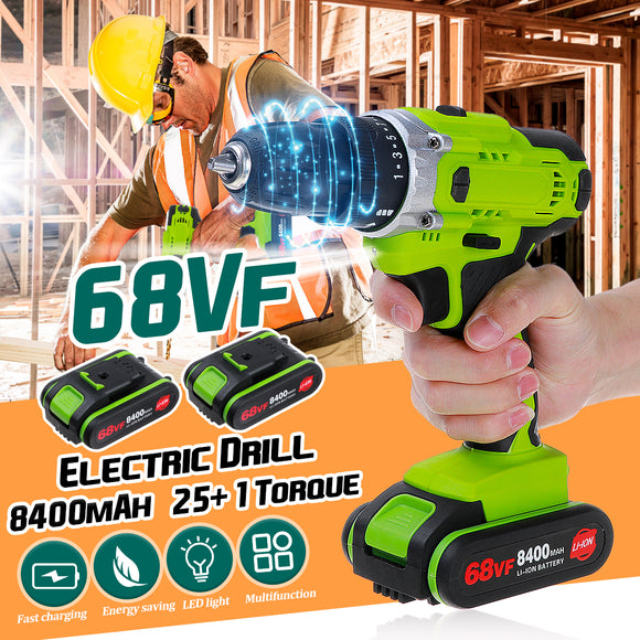 68V Electric Cordless Drill Screwdriver Driver & LED Worklight & 8400mAh Battery