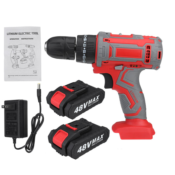 48V Cordless Electric Drill Tool Kits Rechargeable Dual Speed 3 Stages Power Drill W/ 1pc or 2pcs Battery