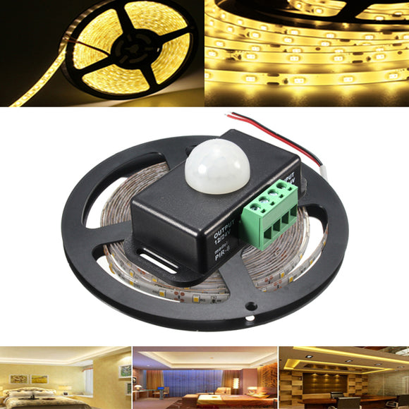 5M SMD2835 300 LED Waterproof Warm White Tape Strip Light + PIR Motion Sensor Switch Detector DC12V