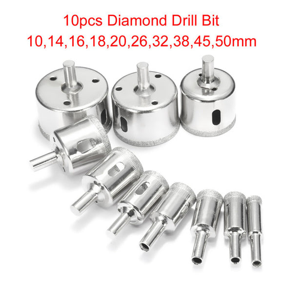 10pcs Diamond Hole Saw Set 10mm-50mm Drill Bit For Tile Ceramic Glass Porcelain Marble