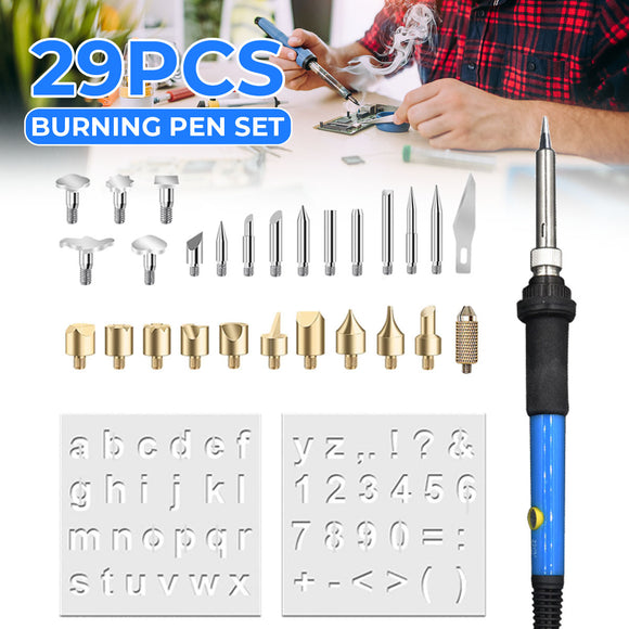 29PCS 110V 220V 60W Wood Burning Pen Set Stencil Soldering Tips Tools Pyrography Kit