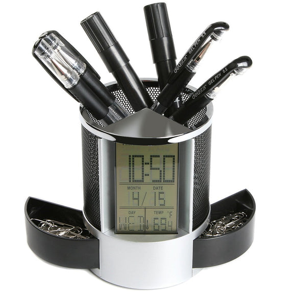 Loskii DX-111 Black Digital LED Desk Alarm Clock Mesh Pen Pencil Holder Calendar Timer Temperature