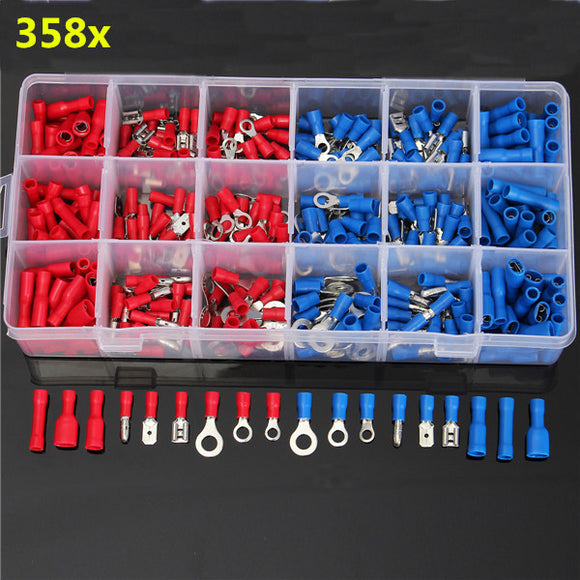Excellway EC09 358Pcs Insulated Electrical Wire Terminals Crimp Connector Butt Spade Kit
