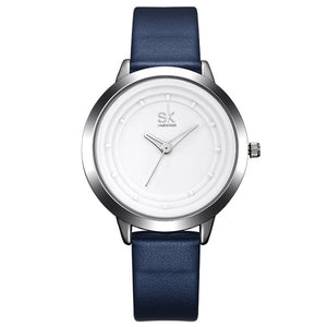 SK 0048L Fashionable Silver Case Ladies Wrist Watch Leather Strap Quartz Watches
