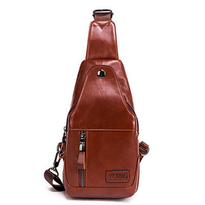 Men Genuine Leather Oil Wax Chest Bag Leisure Vintage Waterproof Sling Bag with Headphone Hole