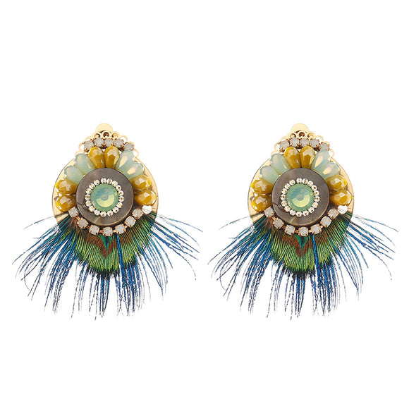 Bohemian Ethnic Earrings 14K Gold Plated Feather Opal Statement Retro Round Ear Clip for Women Gift
