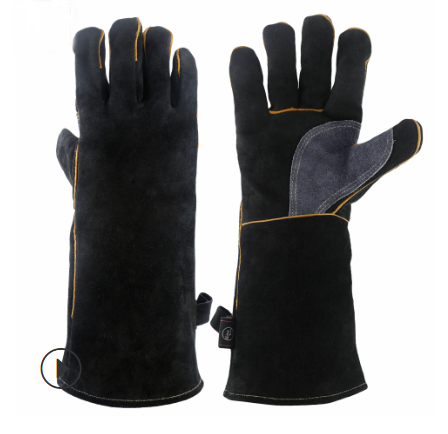 16 Inches Two Layer Cow Leather Lengthened Black Grey Welding / Barbecue High Temperature Resistant Labor Protection Gloves