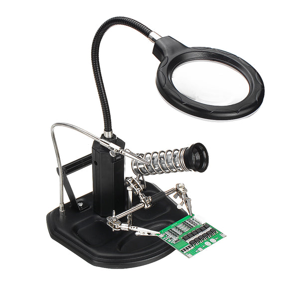 LED Light Soldering Iron Stand Holder Helping Hands Magnifying Glass Magnifier with 3 Arms + Solder Wire Bracket