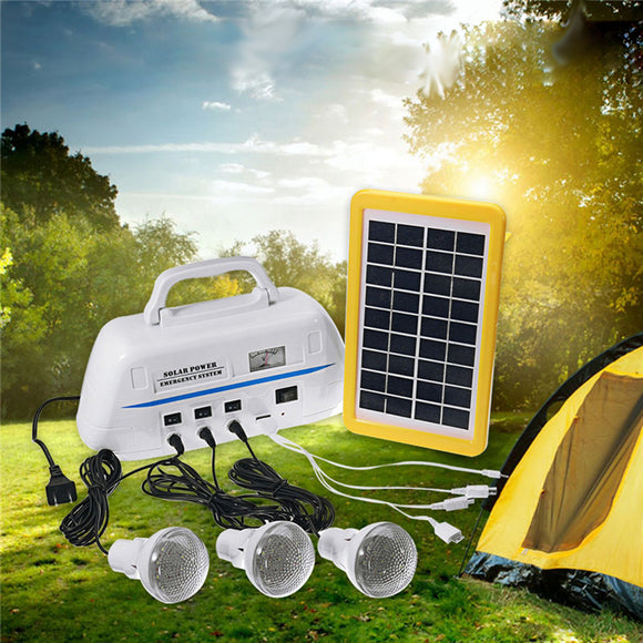 Portable Solar Generator System with Rechargeable Battery & 3W Solar Panel & 3pcs LED Light Bulbs