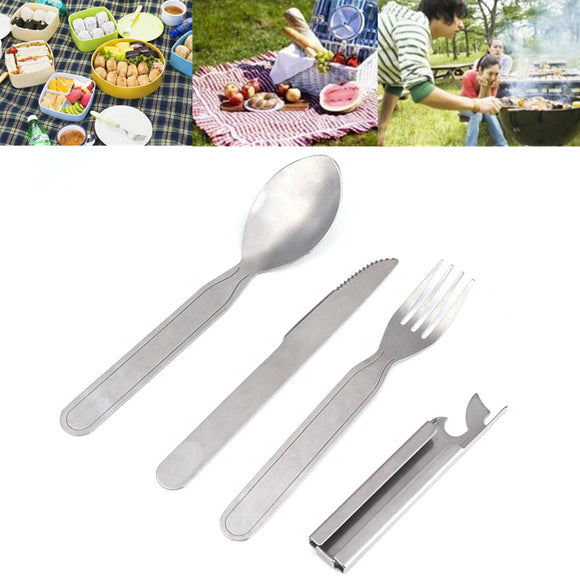4pcs Set Portable Tableware Outdoor Picnic Stainless Steel Spoon Fork Knife Can Opener Camping Tools