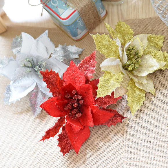 Christmas Glitter Hollow Flower Decoration Artificial Flowers for Christmas Trees New Year