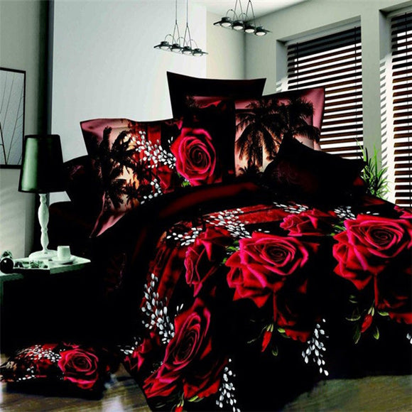 4pcs Suit Polyester Fiber 3D Red Rose Black Bottom Reactive Dyeing Bedding Sets Queen King Size