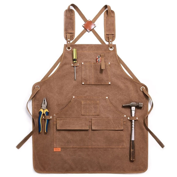 Durable Work Apron Heavy Duty Waxed Unisex Canvas Work Apron with Tool Pockets Cross-Back Straps Adjustable For Woodworking Painting
