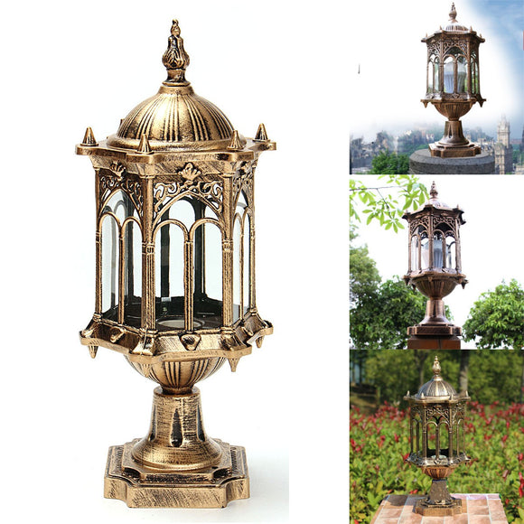220V E27 Exterior Antique Brass Post Fence Lantern Light Landscape Garden Lamp