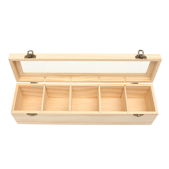 5 Compartments Plain Wooden Tea Box Bag Caddy Storage Display Container With Glass Lid