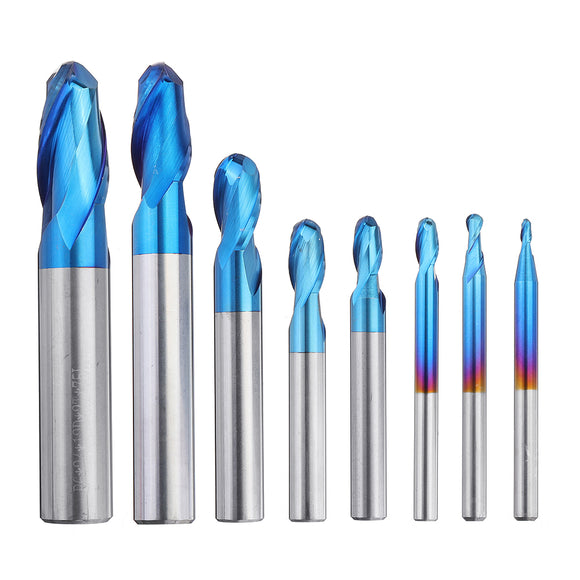 Drillpro 8PCS HRC55 Blue Nano Tungsten Carbide Ball Nose End Mill Set R1-R6 Milling Cutter CNC Router Bits for Metal Wood Stainless Steel Aluminum Copper Plastic Acrylic