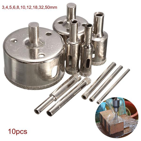 Drillpro DB-HS2 10pcs 3-50mm Diamond Drill Bit Hole Saw Set for Glass Ceramic Marble Tile