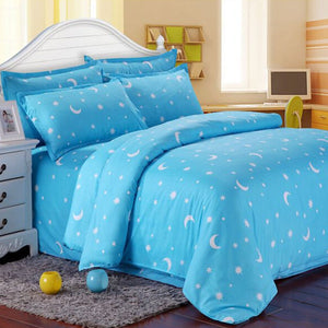 Cotton Blue Stars Moon Printing Bedding Set Bed Sheet Duvet Cover Pillowcase Single Queen King