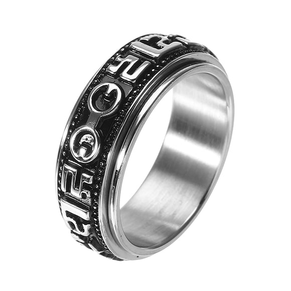 Stainless Steel Rotatable Mantra Men Ring Retro Gothic Finger Ring Unique Jewelry