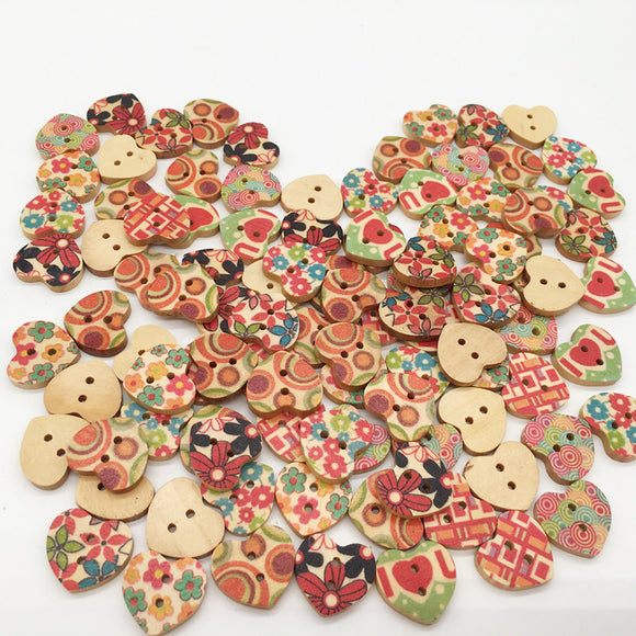100 PCS Heart Shape Wooden Button Mixed 2 Hole Natural Sewing Children Handmade Clothes Buttons