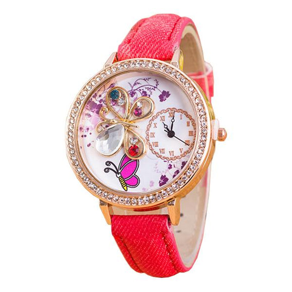 Women Girls 3D Butterfly Crystal Denim Canvas Band Quartz Fashion Wrist Watch