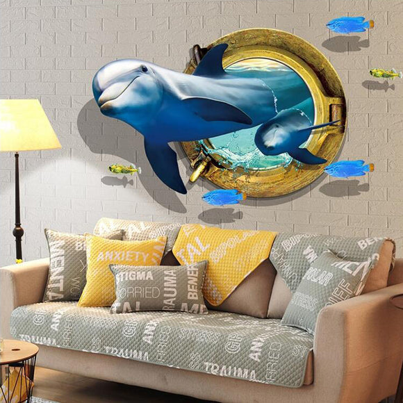 Miico Creative 3D Dolphin Window Sea Fishes PVC Removable Home Room Decorative Wall Decor Sticker