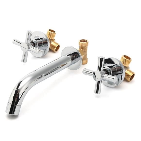 3 Hole Cross Handles Wall Mounted Basin Mixer Tap Copper Faucet for Kitchen Bathroom