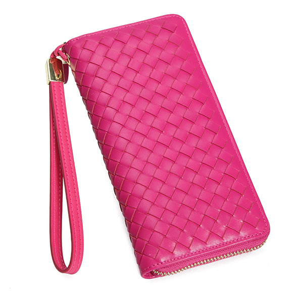 Women Men Genuine Leather Woven Pattern 8 Card Slots Cell Phone Wallet Coins Bag Wallet