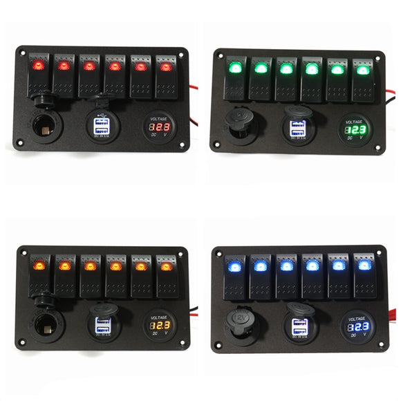 6 Gang LED Rocker Switch Panel Volt Meterr Dual Usb Power Charger Marine Boat RV