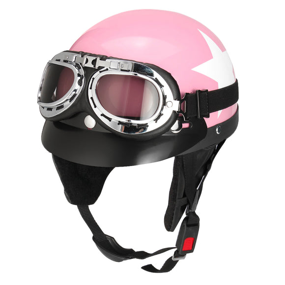 Retro Pink Motorcycle Half Face Helmet Biker Scooter With Sun Visor UV Goggles Cafe Racer