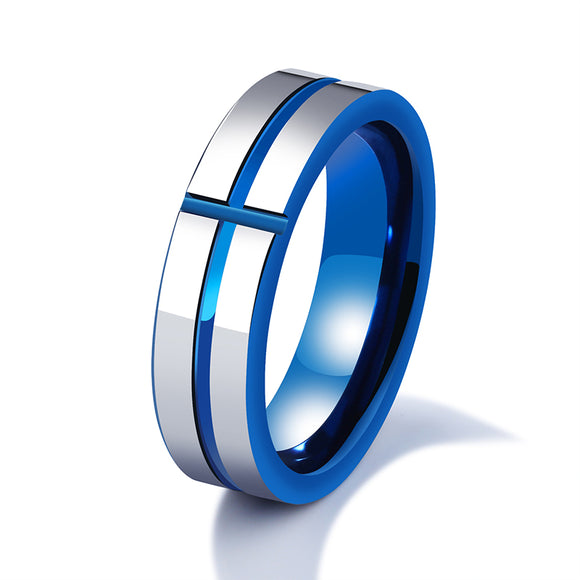 6mm Tungsten Steel Men Ring Blue Cross Simple Trendy Jewelry