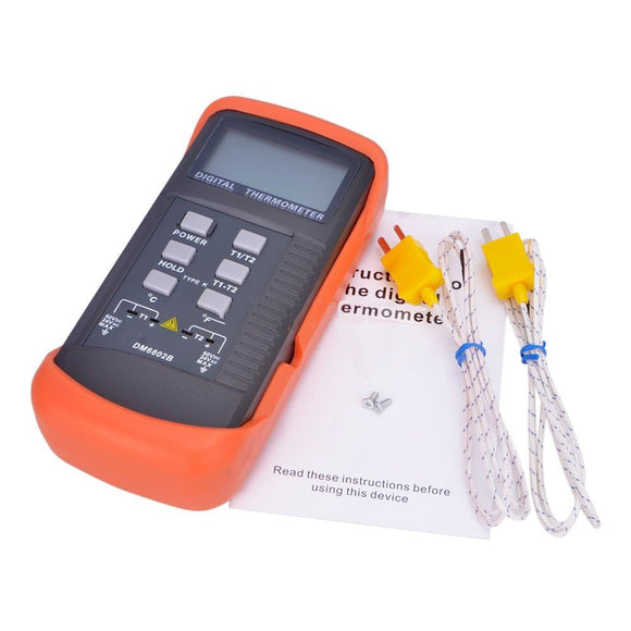 DM6802B Digital Thermometer Double Channels with K-type Thermocouple -50~1300 Data Hold Low Batter