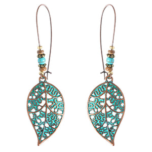 Retro Hollow Leaf Drop Earrings Bohemian Bronze Plated Women Jewelry