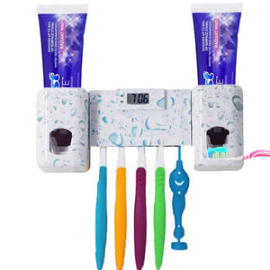 Automatic Toothpaste Dual Dispenser With 5 Toothbrush Holder Set Wall Mount Stand