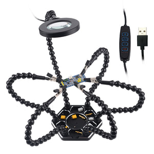 Desk Clip Magnifier PCB Soldering Holder 3X Magnifier with LED Light 6Pcs Flexible Arm Soldering Third Hand Tool