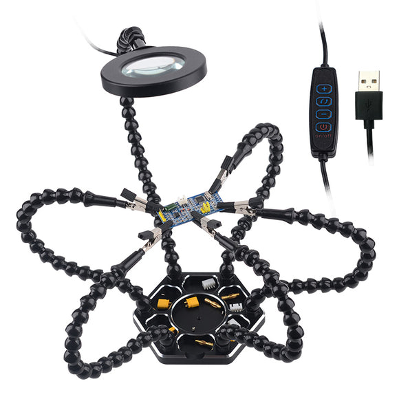 Desk Clip Magnifier PCB Soldering Holder 3X Magnifier with LED Light 6Pcs Flexible Arm Soldering Third Hand Tool