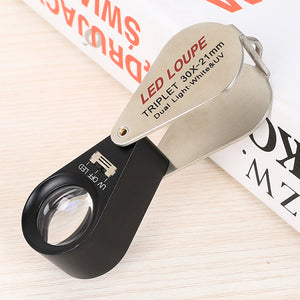 30X Handheld LED Jeweler Loupe Triplet Magnifier Glass With Battery Screwdriver And Leather Case