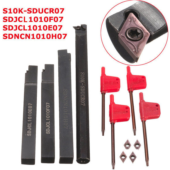 4pcs S10K-SDUCR07/SDJCR/SDJCL/SDNCN1010H07 Turning Tool Holder Set with 4pcs DCMT0702 Inserts