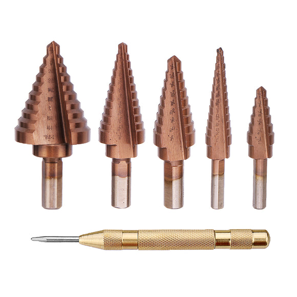 Drillpro 6Pcs HSS Bronze Coated Step Drill Bit With Center Punch Drill Set Hole Cutter Drilling Tool
