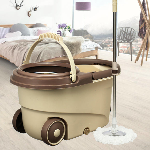 360Rotating Head Easy Floor Mop Water Bucket 2x Heads Microfiber Spin Cleaning Tool