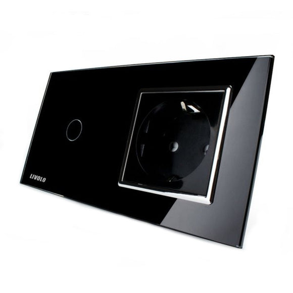 Livolo Black Glass Touch Switch With EU Wall Socket VL-C701-12/VL-C7C1EU-12