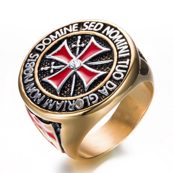 Retro Stainless Steel Cubic Zircon Domineering Knights Templar Red Enamel Cross Men's Ring