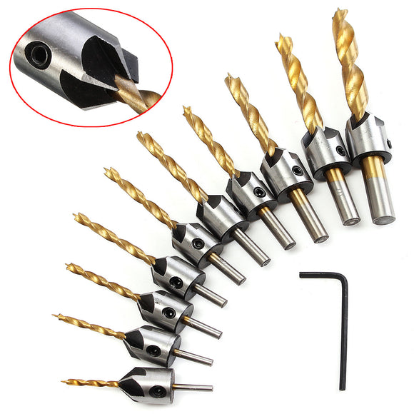 10pcs 3-10mm HSS 5 Flute Countersink Drill Bit Set Carpentry Reamer Woodworking Chamfer Drill Bit