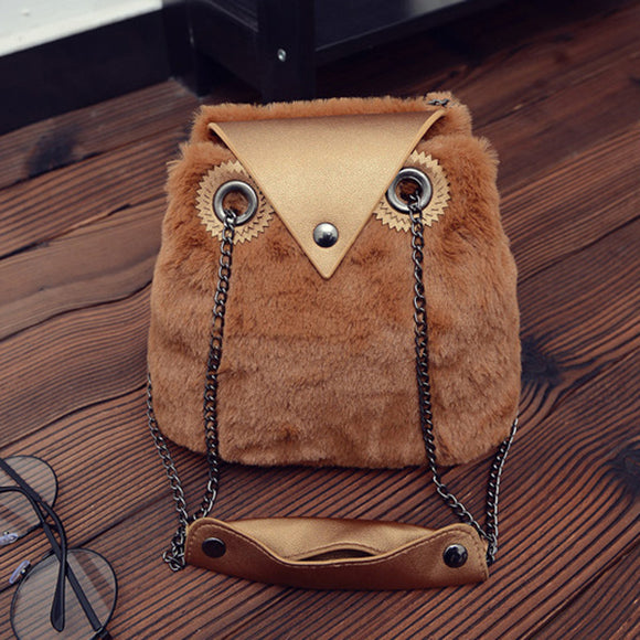 Women Plush Owl Shape Cute Bucket Bag String Shoulder Bag