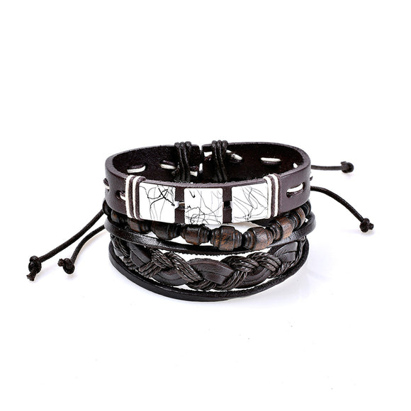 3 Pcs Retro Men's Bracelet Woven Bead Leather Wristband Bangle Jewelry for Men Clothing Accessories