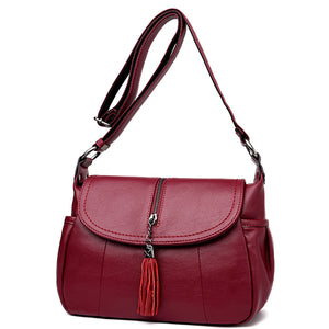 Women Soft Leather Solid Tassel Crossbody Bag Elegant Messenger Bag