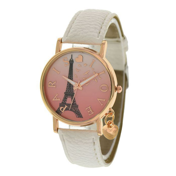 Casual Women Paris Tower PU Leather Peach Heart Pendant Quartz Wrist Watch