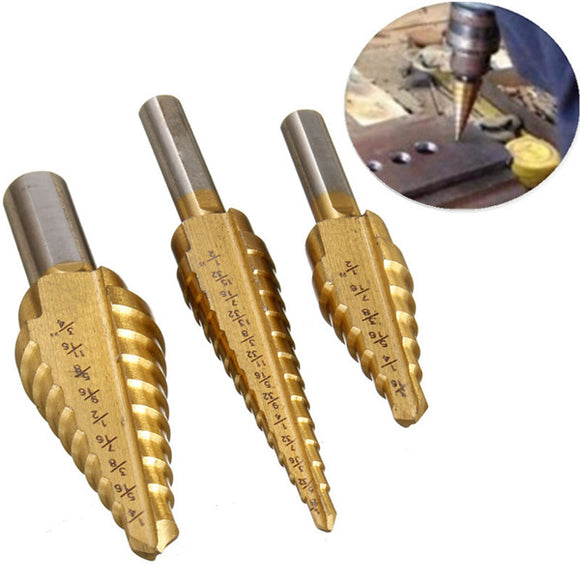 3pcs HSS Round Shank Titanium Coated Quick Change Step Drill Bits 3/16-1/2 1/8-1/2 1/4-3/4 Inch