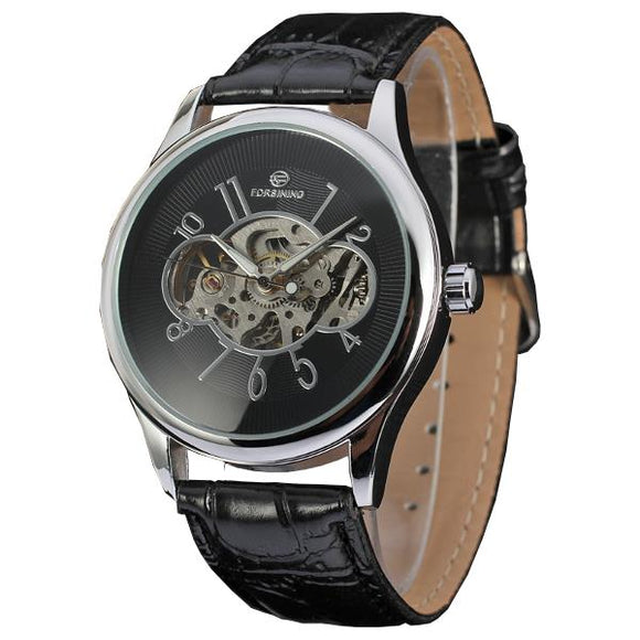 FORSINING Casual Siliver Case Leather Band Mechanical Wrist Watch